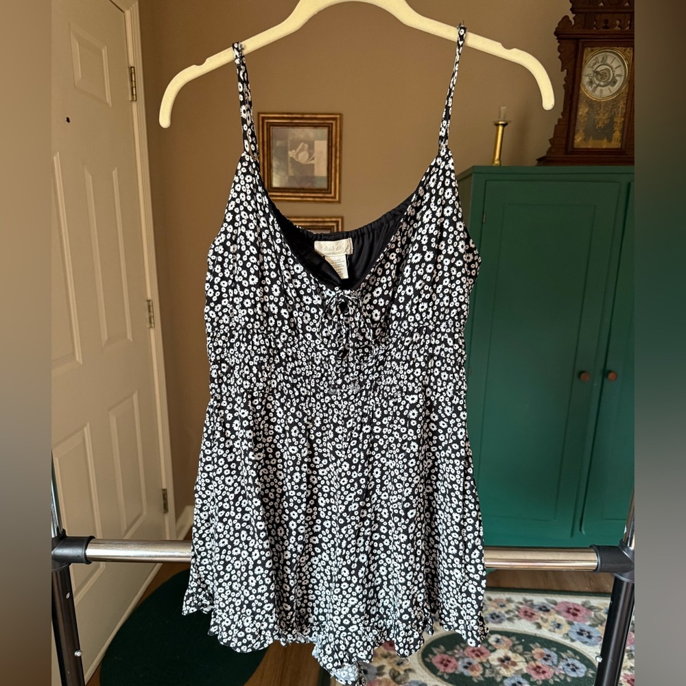 Black and White Asymmetrical Ruched Camisole Romper